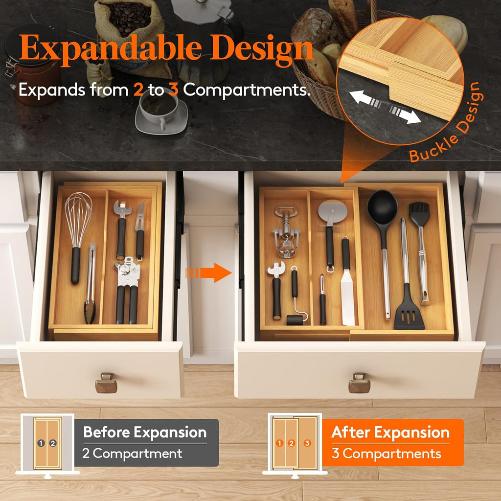 Lifewit Bamboo Utensil Organizer para Kitchen Drawer, Cooking Utensil Tray