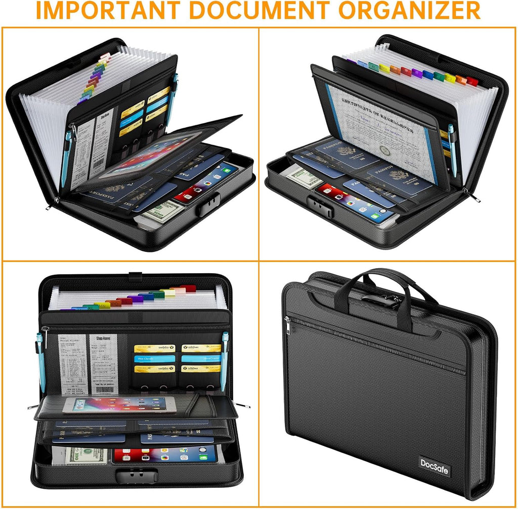 DocSafe Archivador de acordeón con cerradura de combinación, carpeta de archivos expandible resistente al fuego e impermeable con múltiples bolsillos, organizador de documentos para almacenamiento
