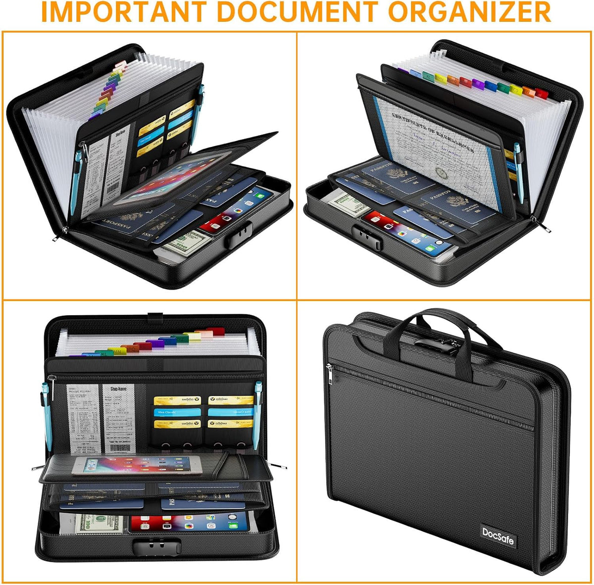 DocSafe Archivador de acordeón con cerradura de combinación, carpeta de archivos expandible resistente al fuego e impermeable con múltiples bolsillos, organizador de documentos para almacenamiento