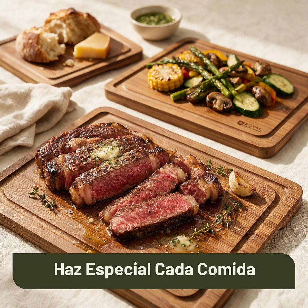 ROYAL CRAFT WOOD Tablas de cortar de madera para preparar comidas de cocina y servir – Juego de tablas de cortar de bambú no tóxicas con asas laterales profundas para jugo – Charcutería y bloque de