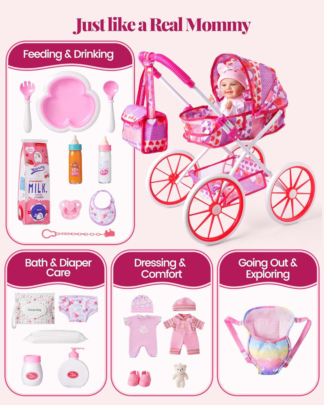 BABESIDE Cochecito de muñeca y accesorios Muñeca de bebé