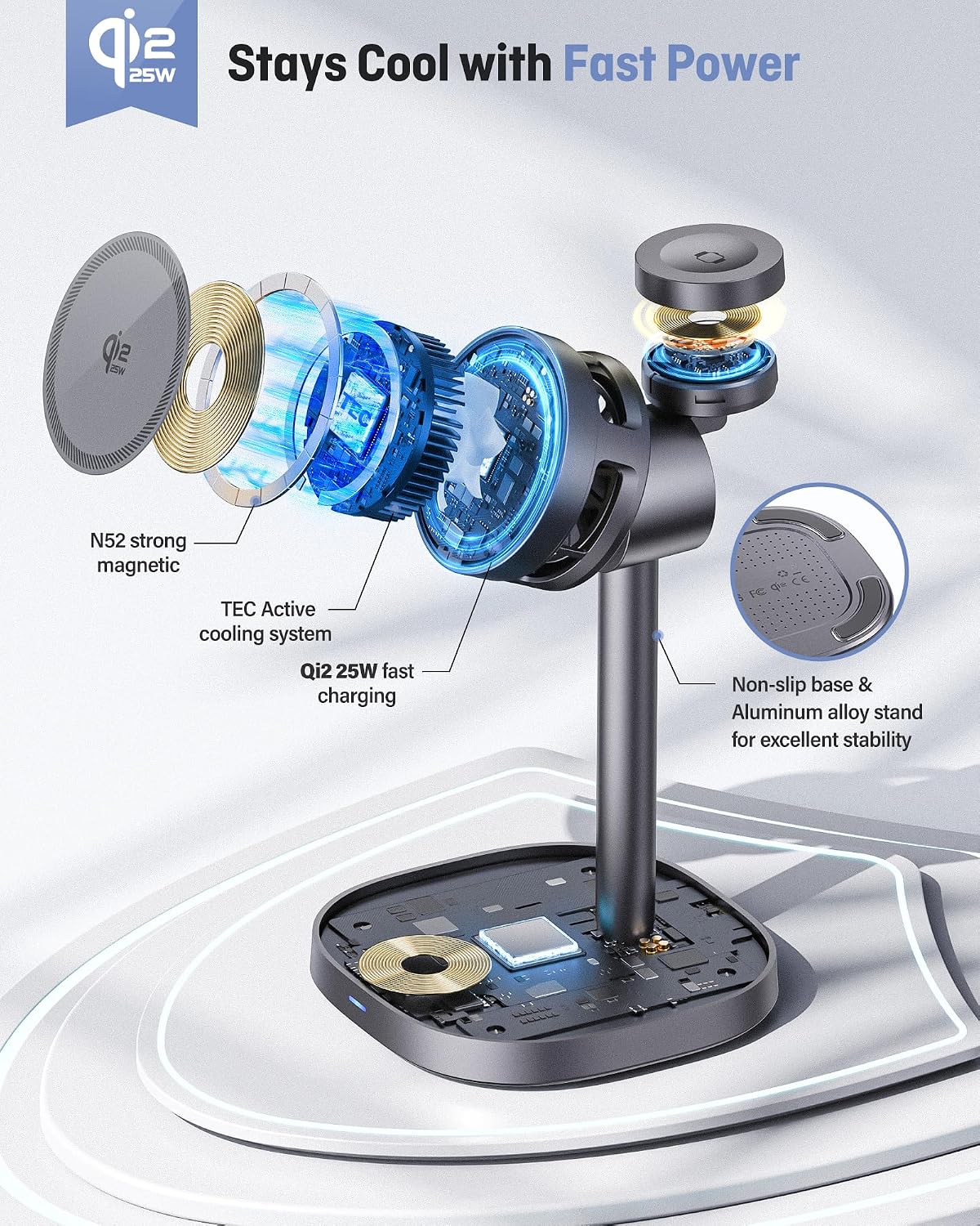 Soporte de carga inalámbrico certificado Qi2.2 de 25W TEC de enfriamiento
