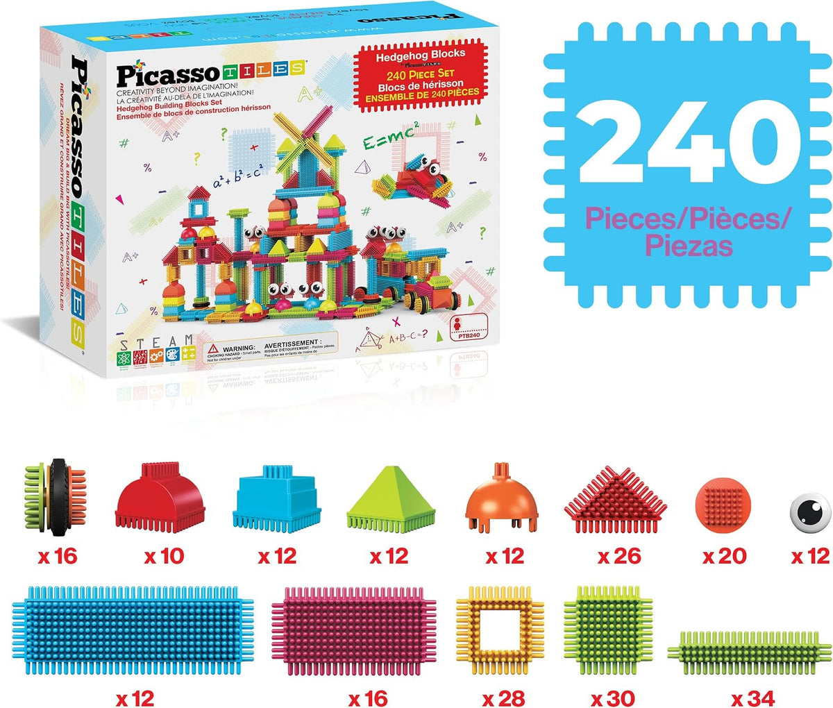 PicassoTiles 240 piezas de bloques de cerdas de erizo 3D STEM juguete de
