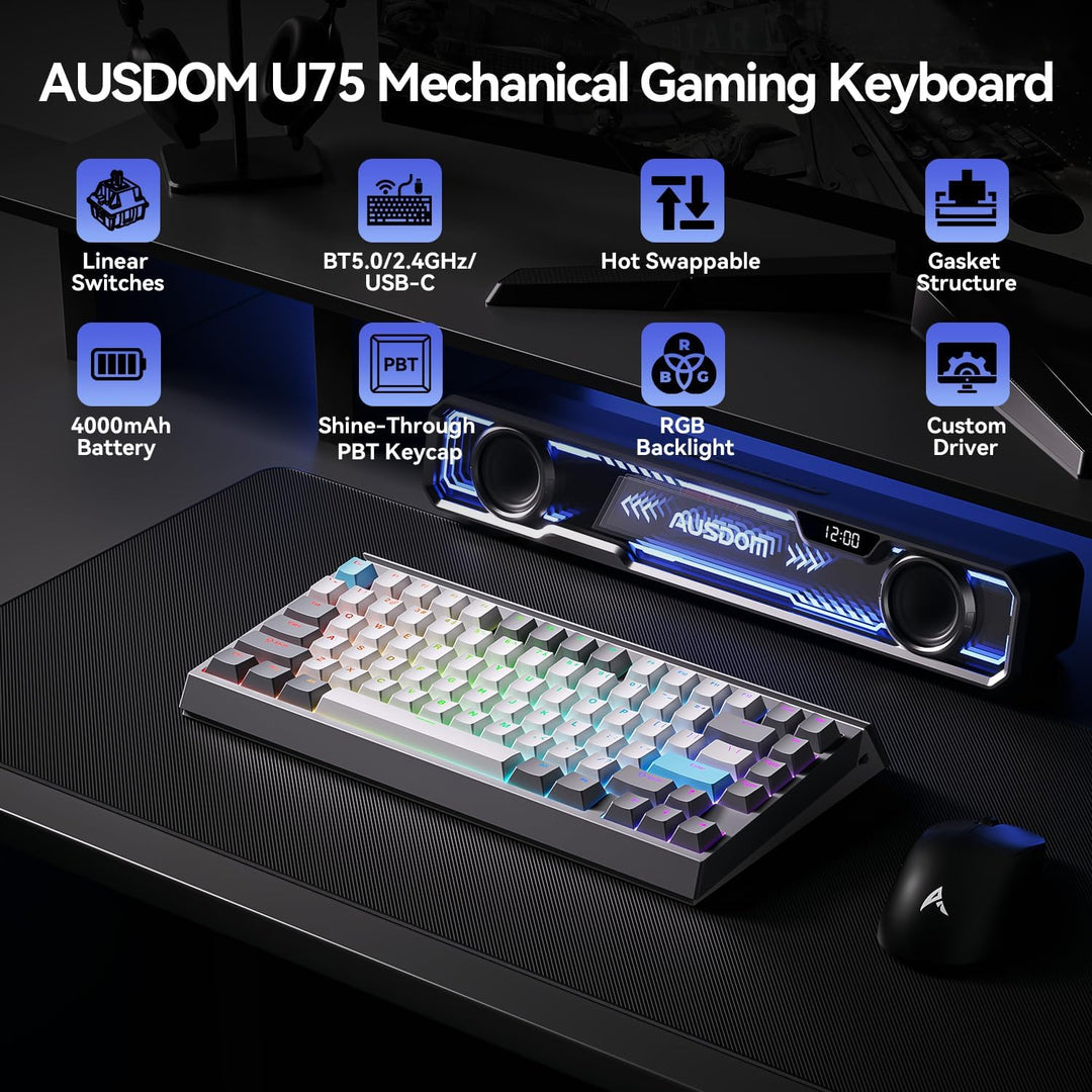 Teclado mecánico inalámbrico AUSDOM U75, teclado para juegos 75% cr...