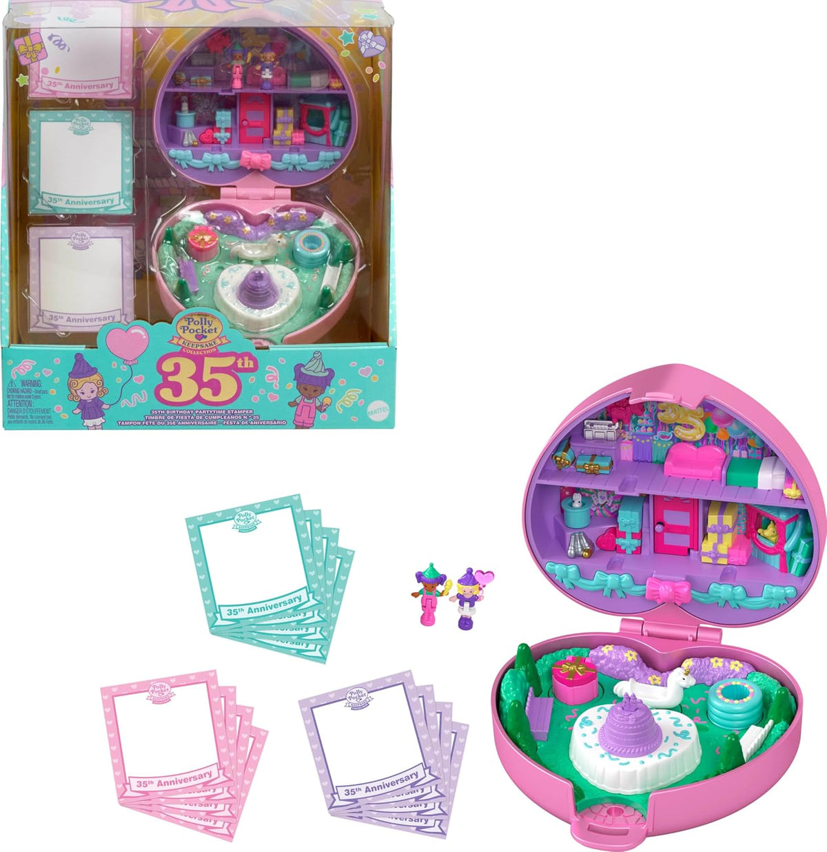 Polly Pocket Muñecas y juego de coleccionista, colección Heritage Compacto, sello de fiesta de 35 cumpleaños con 2 micro muñecas, 3 sellos de fiesta y 12 tarjetas estacionarias