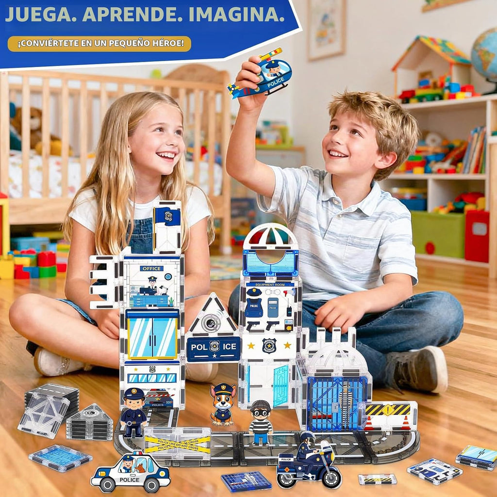 60PCS Police Station Magnetic Tiles Construction Set con 6 Magnetic Dolls