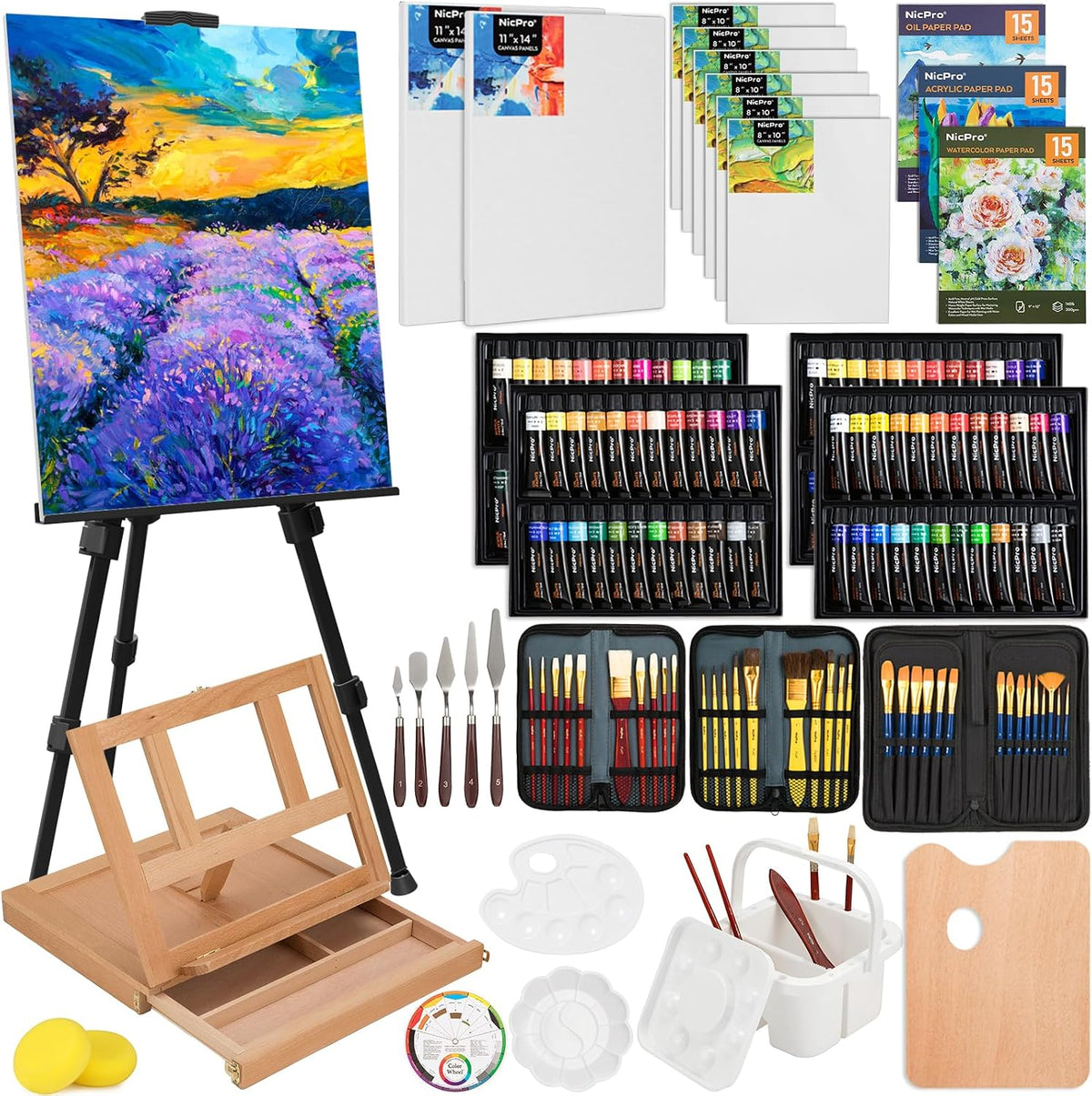 Nicpro - Kit de pintura artística de lujo de 158 piezas para artista con caballete, pinturas y pincel