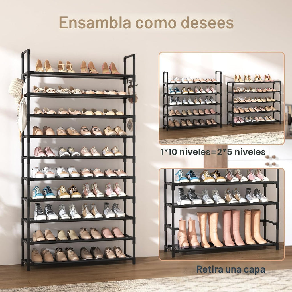 VTRIN Zapatero de 10 niveles, organizador de zapatos alto de gran capacidad con dos ganchos, estante de zapatos de metal resistente para entrada, armario, dormitorio