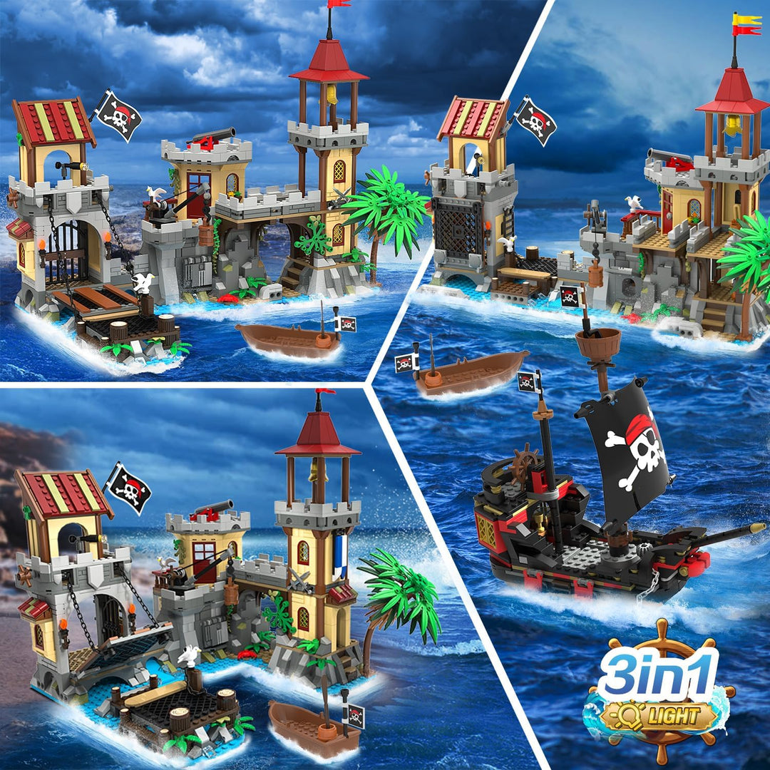 Juego de construcción de castillo pirata con luz 3 modos