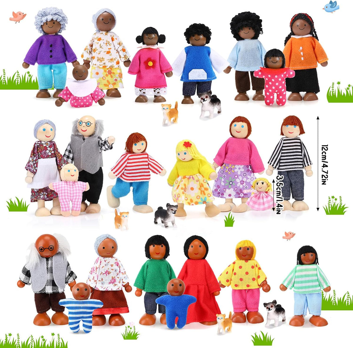 Juego familiar de casa de muñecas de madera de 20 piezas, 16 mini figuras