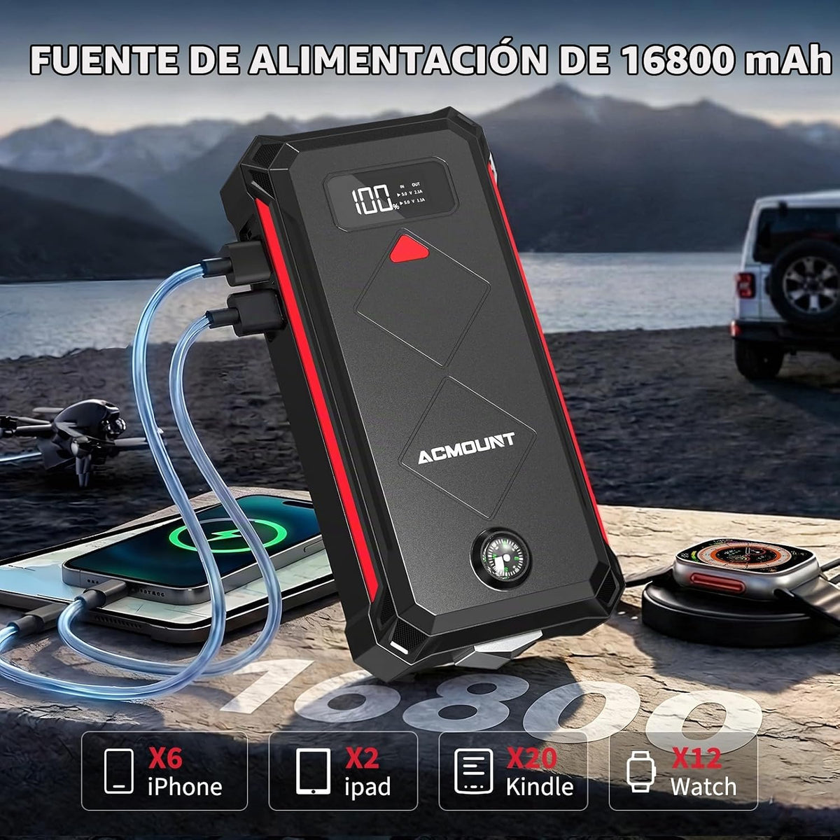Acmount P100 - Arrancador de auto P100, paquete de batería de arranque de litio de pico de 5000 A para hasta 10.0 L de gas o 8.0 L de motor diésel, paquete de batería portátil de 12 V seguro con
