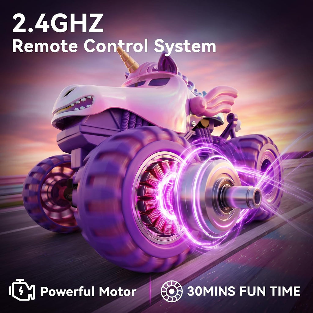 BEZGAR Camión monstruo rosa 1:18, coche de control remoto de unicornio para