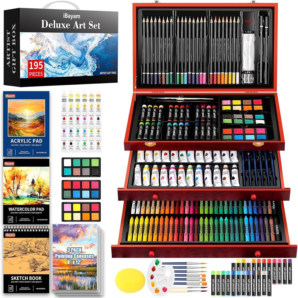 iBayam Art Supplies, paquete de 195 kits de pintura de dibujo de lujo, juego de 3 cuadernos de bocetos