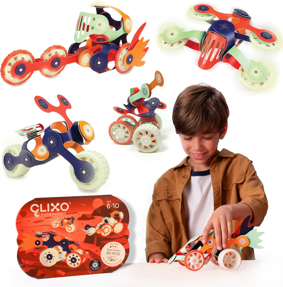 Clixo Mars Rover Pack, Glow STEM Space Magnetic Building Toys (30 Pc, 6+)
