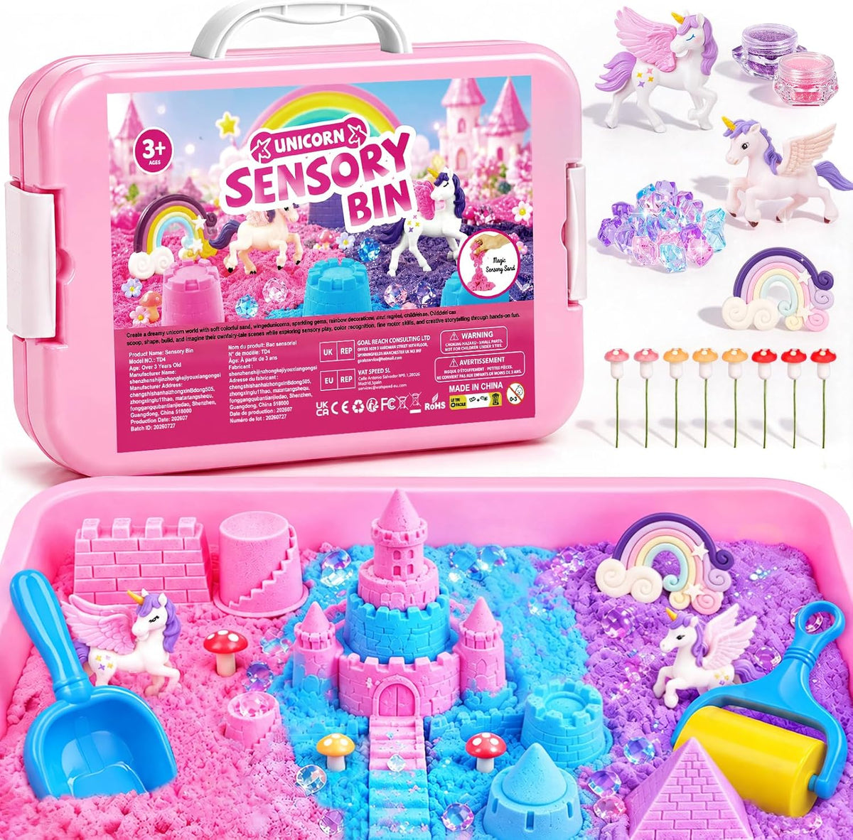 Cubo sensorial de unicornio para niños, kit de arte de arena mágica regalos