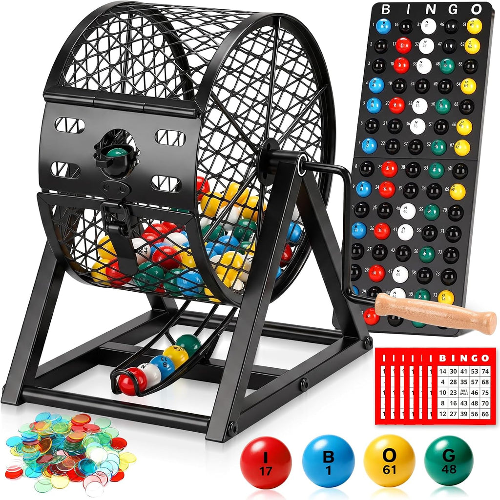 Juego de bingo de lujo grande de 12 pulgadas con jaula, tablero, bolas, 30