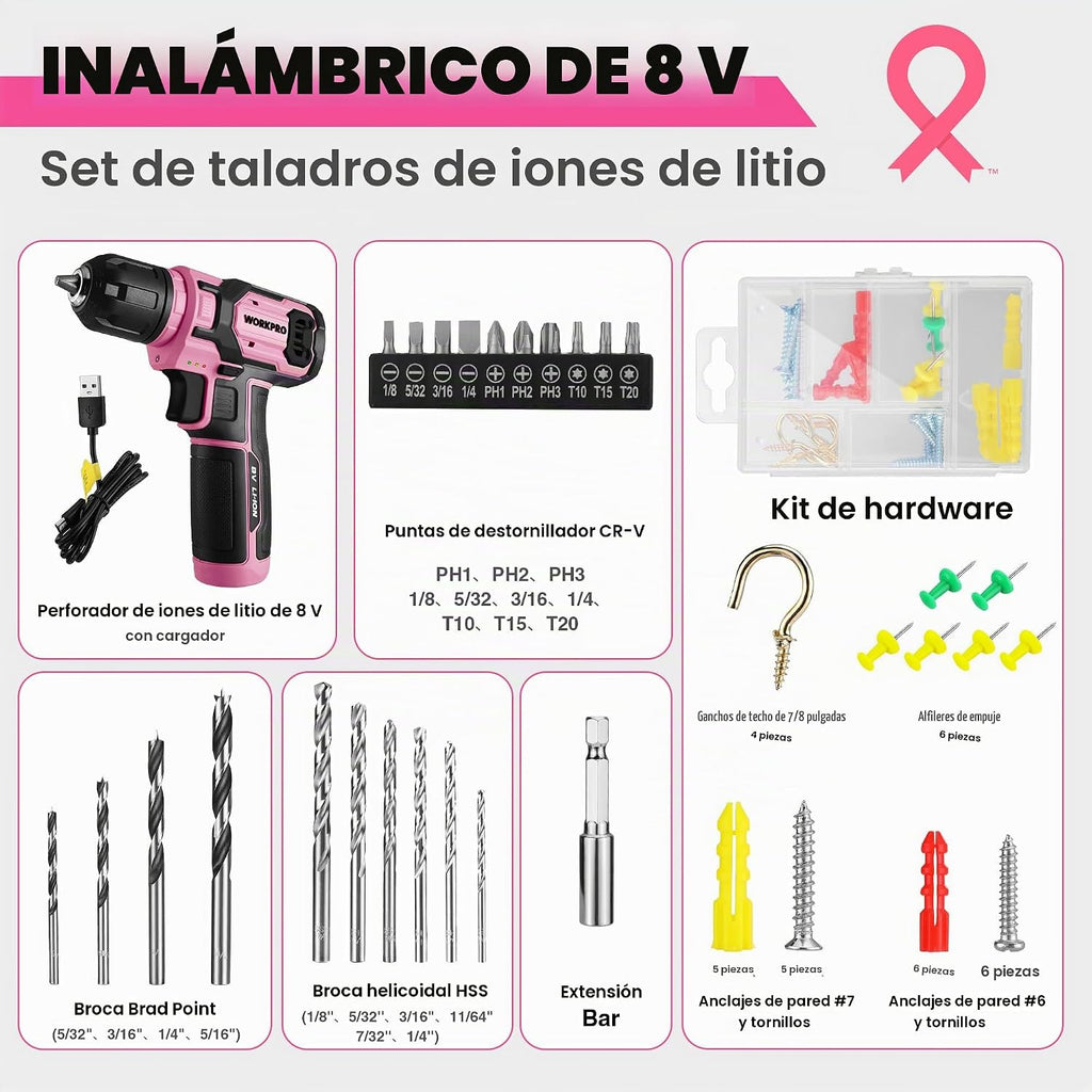 WORKPRO 8V Rosa Set de Taladro Inalámbrico para Mujeres con Juego de Brocas, 54Piezas