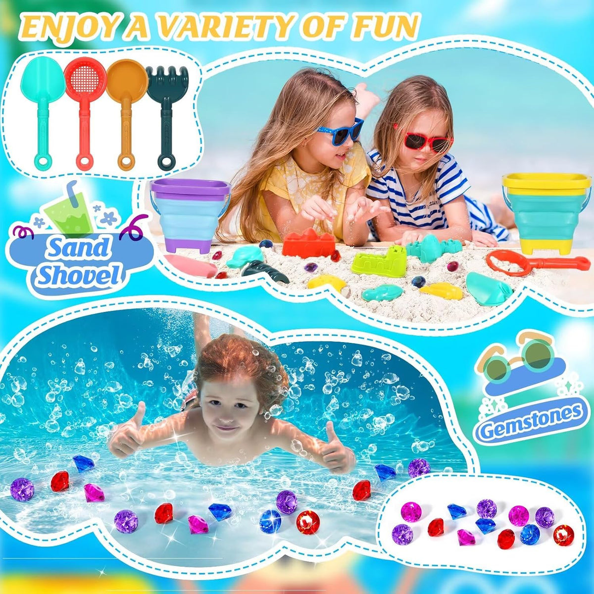 JUGUETES DE ARENA DE PLAYA PARA NIÑOS, Juguetes de arena con 2 cubos de playa plegables, 2 palas coladores de playa, juego de palas de arena, kit para castillo de arena, moldes de animales marinos
