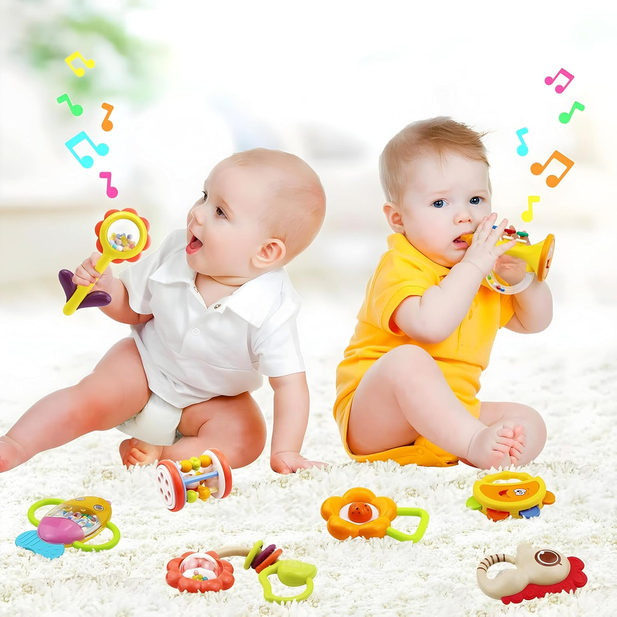 MOONTOY 12 sonajeros para bebés de 0 a 6 meses, juguetes de dentición de 3 a 6 meses, mordedores para bebés recién nacidos, juguetes de 6 a 12 meses, cesta de Pascua Montessori, regalos de 1 2 3 4 5 6