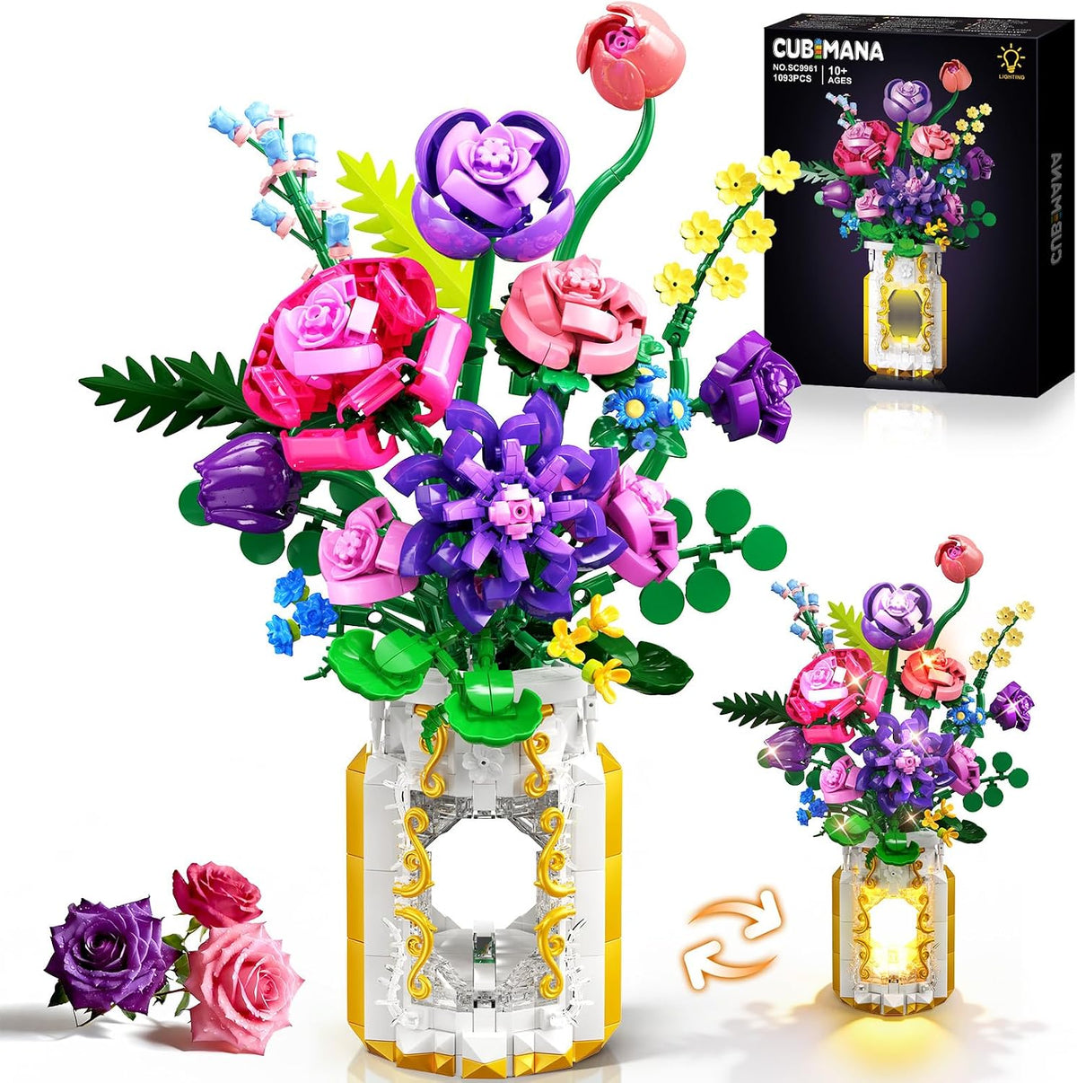 CUBIMANA Juego de construcción de ramo de flores con luz LED y jarrón