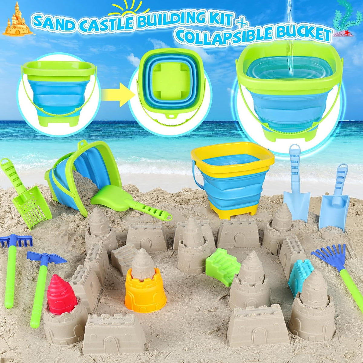 Juguetes de playa de granja con camiones, animales, verduras para