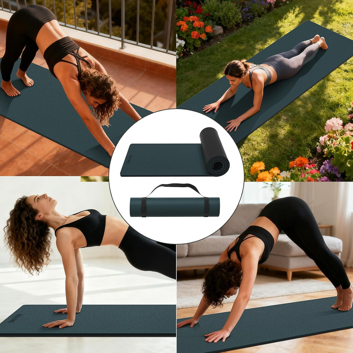 Tapete de yoga extra grueso de TPE de 0.47 pulgadas con correa, 72 pulgadas de largo x 24.8 pulgadas de ancho, antideslizante, para gimnasia, pilates, hogar, entrenamiento, gimnasio y fitness