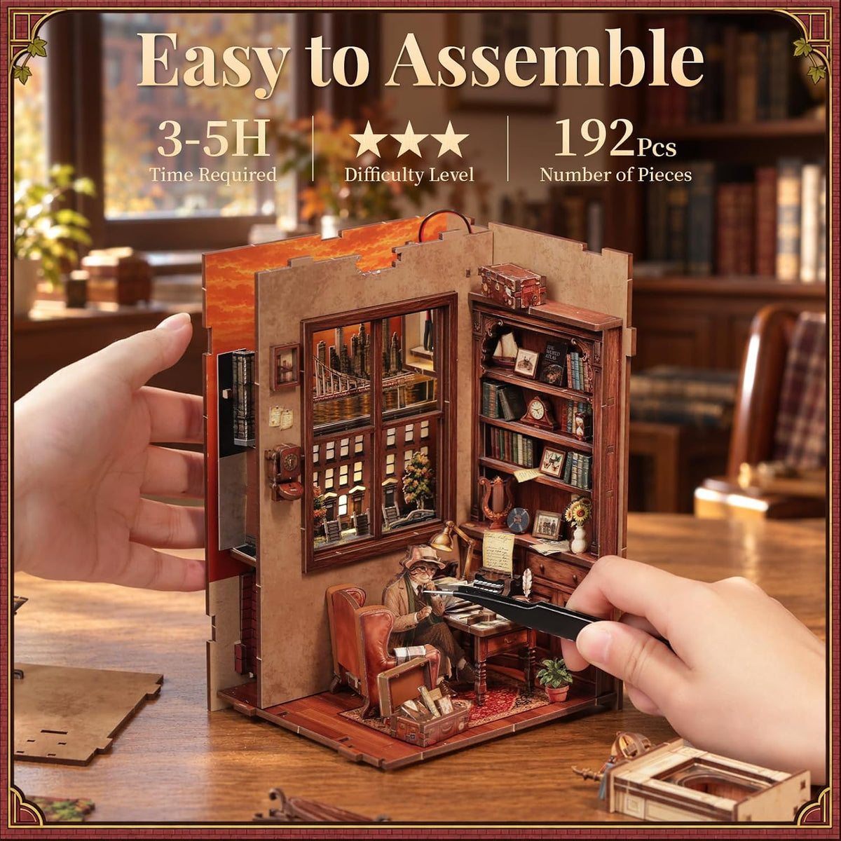 Kit de rincón de libros, rompecabezas de madera 3D con luz LED para