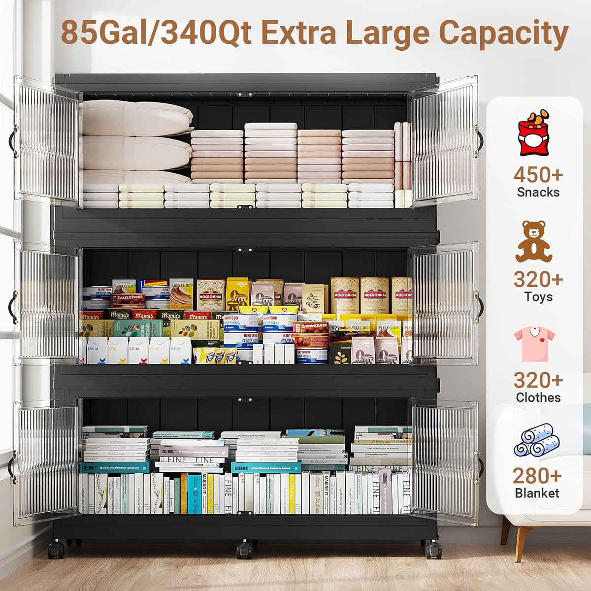 BROVIEW Contenedores de almacenamiento apilables extra grandes de 255 galones/1020 cuartos de galón con tapas y ruedas, paquete de 3, color negro