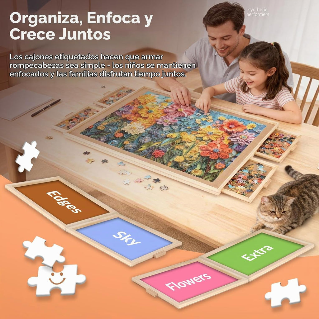 ALL4JIG Tablero de rompecabezas giratorio de 1500 piezas con cajones y cubierta, mesa de rompecabezas de madera portátil de 25 x 34 pulgadas para adultos portátil, tablero giratorio Lazy Susan, regalo