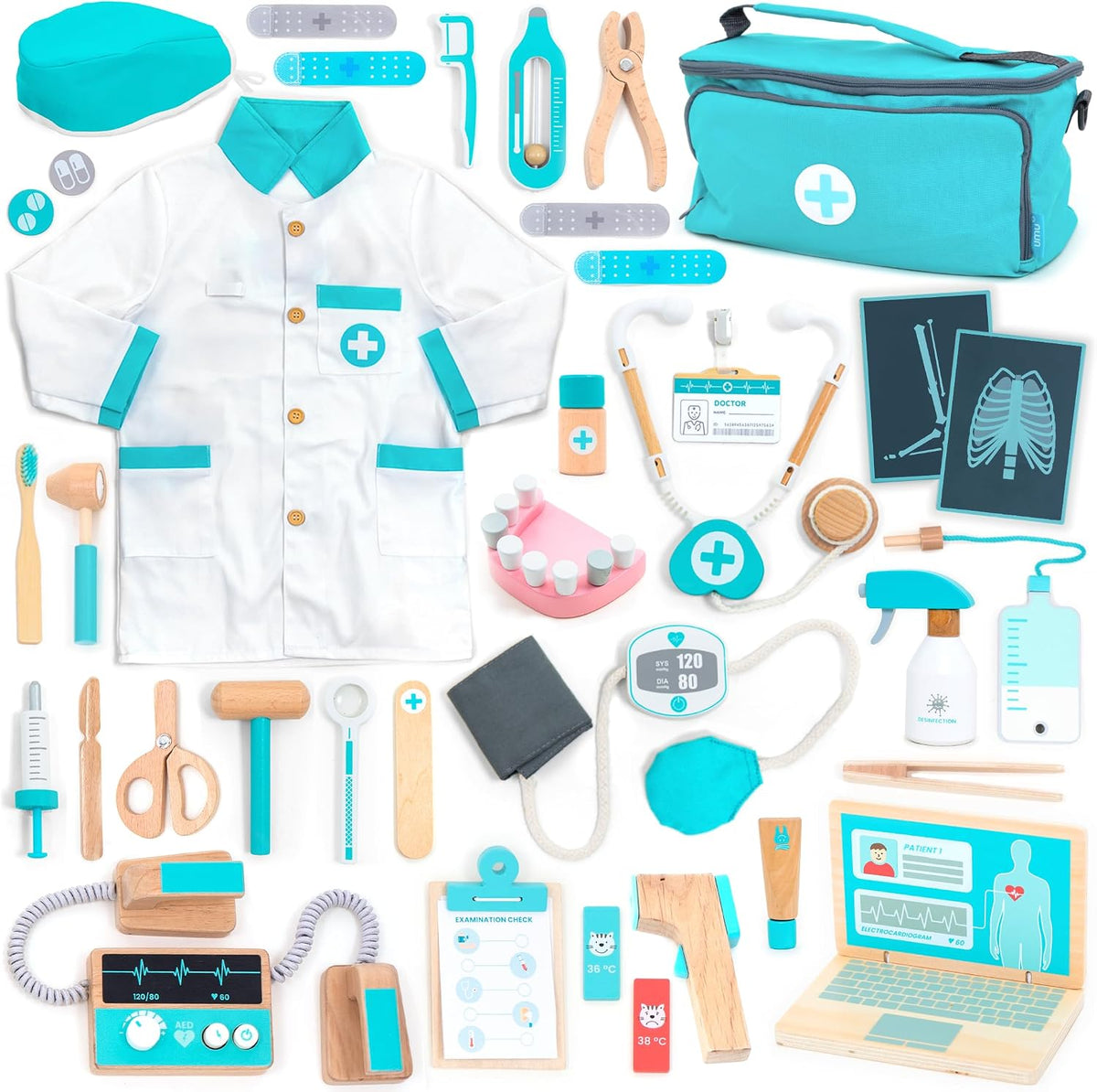 UMU® Juego de madera de lujo para doctor – 37 piezas de simulación de kit médico con estetoscopio dentista herramientas portátil y accesorios – Juguete de juego de rol médico para niños de 3 4 5 6 años