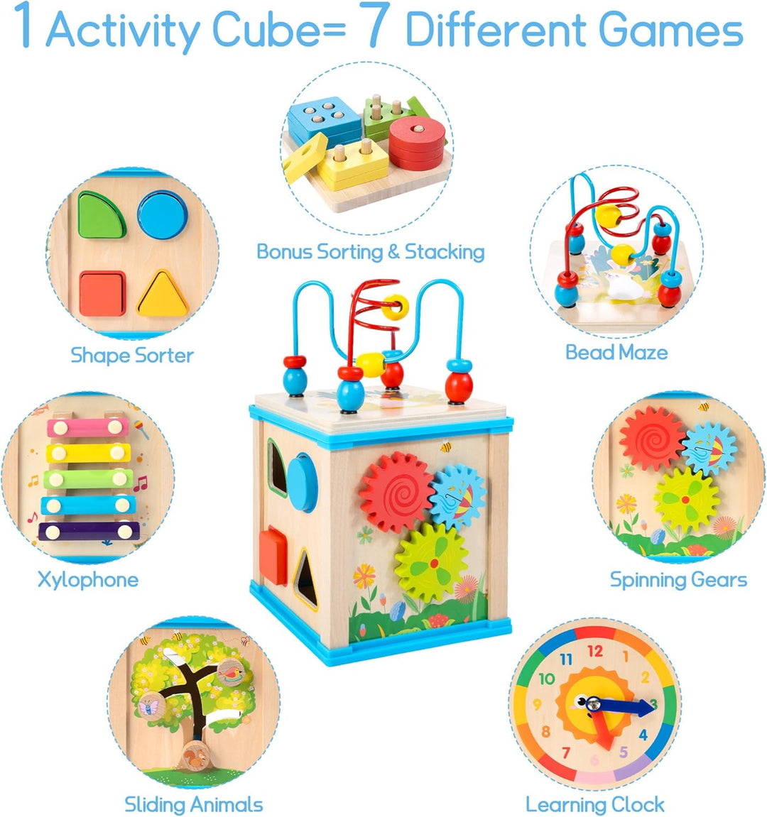 WOODMAM Cubo de Actividades de Madera 7 en 1, Juguetes Montessori p...