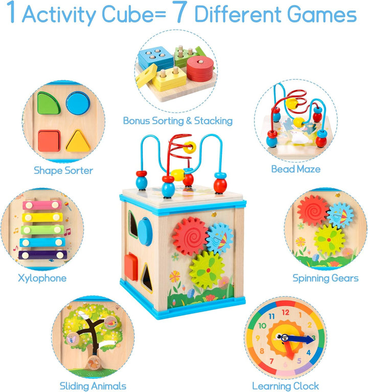 WOODMAM Cubo de Actividades de Madera 7 en 1, Juguetes Montessori p...