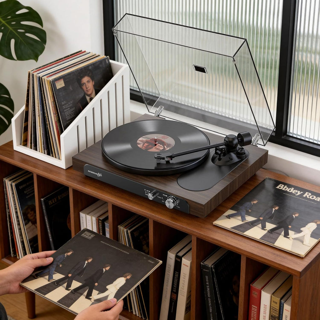 Seasonlife® Tocadiscos inalámbrico de entrada y salida, reproductor de vinilo de alta fidelidad con contrapeso ajustable y antideslizante, preamplificador de teléfono integrado, cartucho AT-3600L para