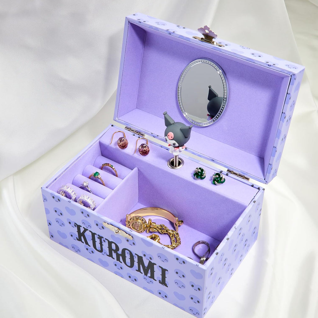 Get Trend Hello Kitty Sanrio Kuromi - Joyero musical para niñas, adolescentes y mujeres, caja de música kawaii, organizador de joyas, soporte para anillos, regalos para mujeres (púrpura Kuromi)
