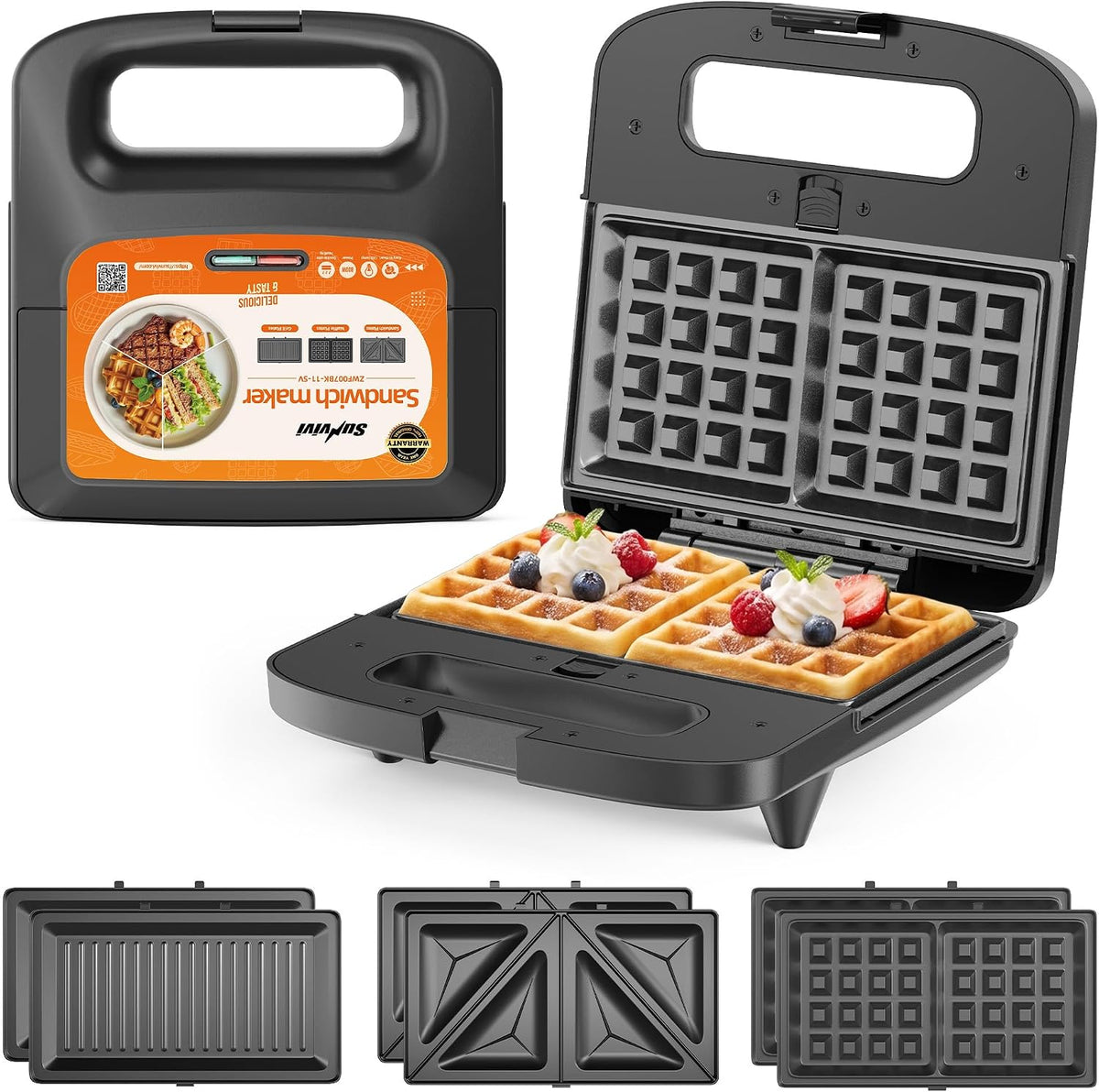 Sandwichera eléctrica 3 en 1 con placas antiadherentes extraíbles, 800 W, color negro