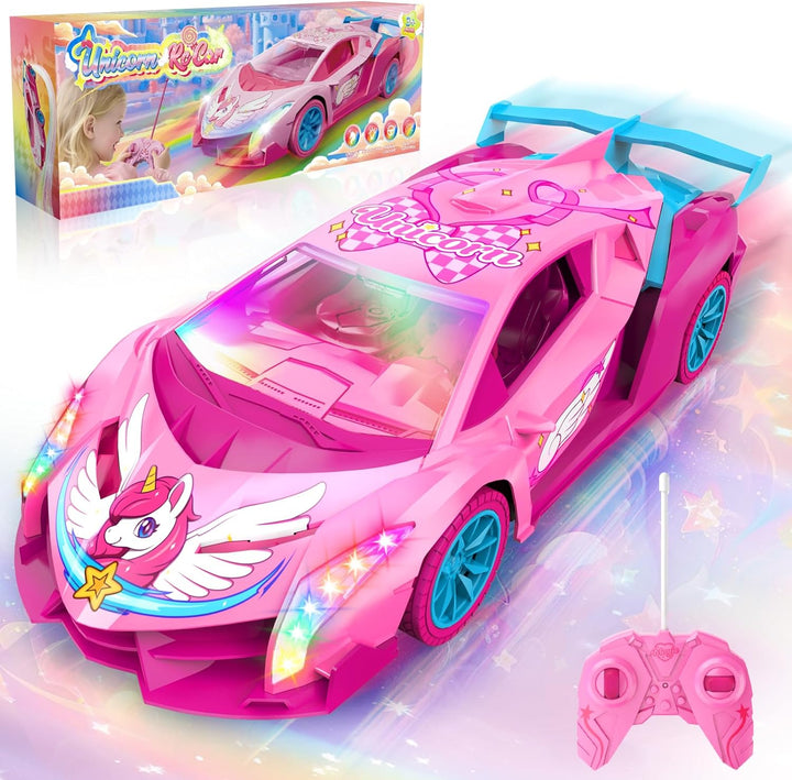 Auto RC de unicornio para niñas, auto de control remoto Rainbow Glo...