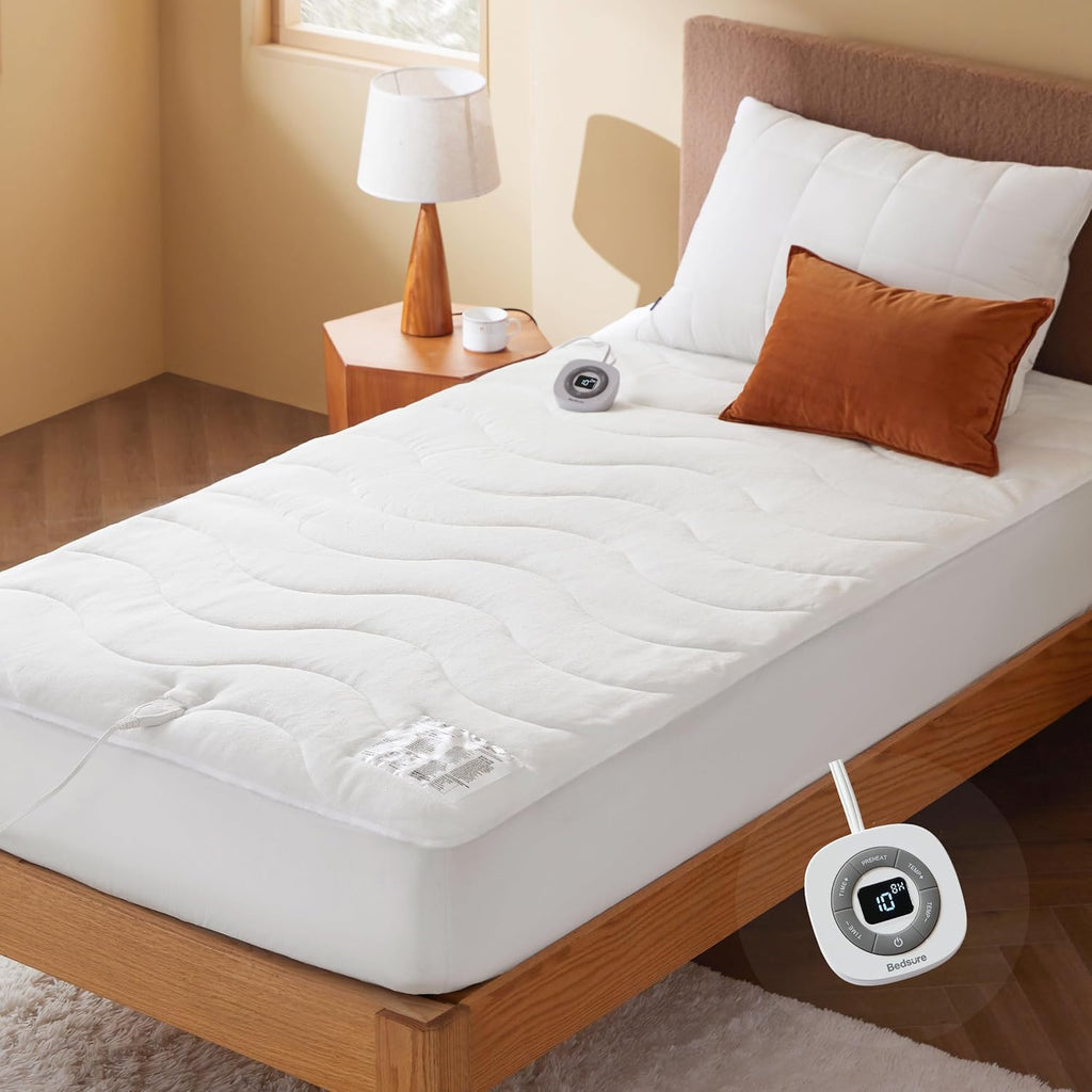 Bedsure Almohadilla térmica para colchón Full - Calentador de cama con funciones de memoria y precalentamiento, apagado automático de 12 horas y 10 ajustes de calor, un solo controlador, calentamiento