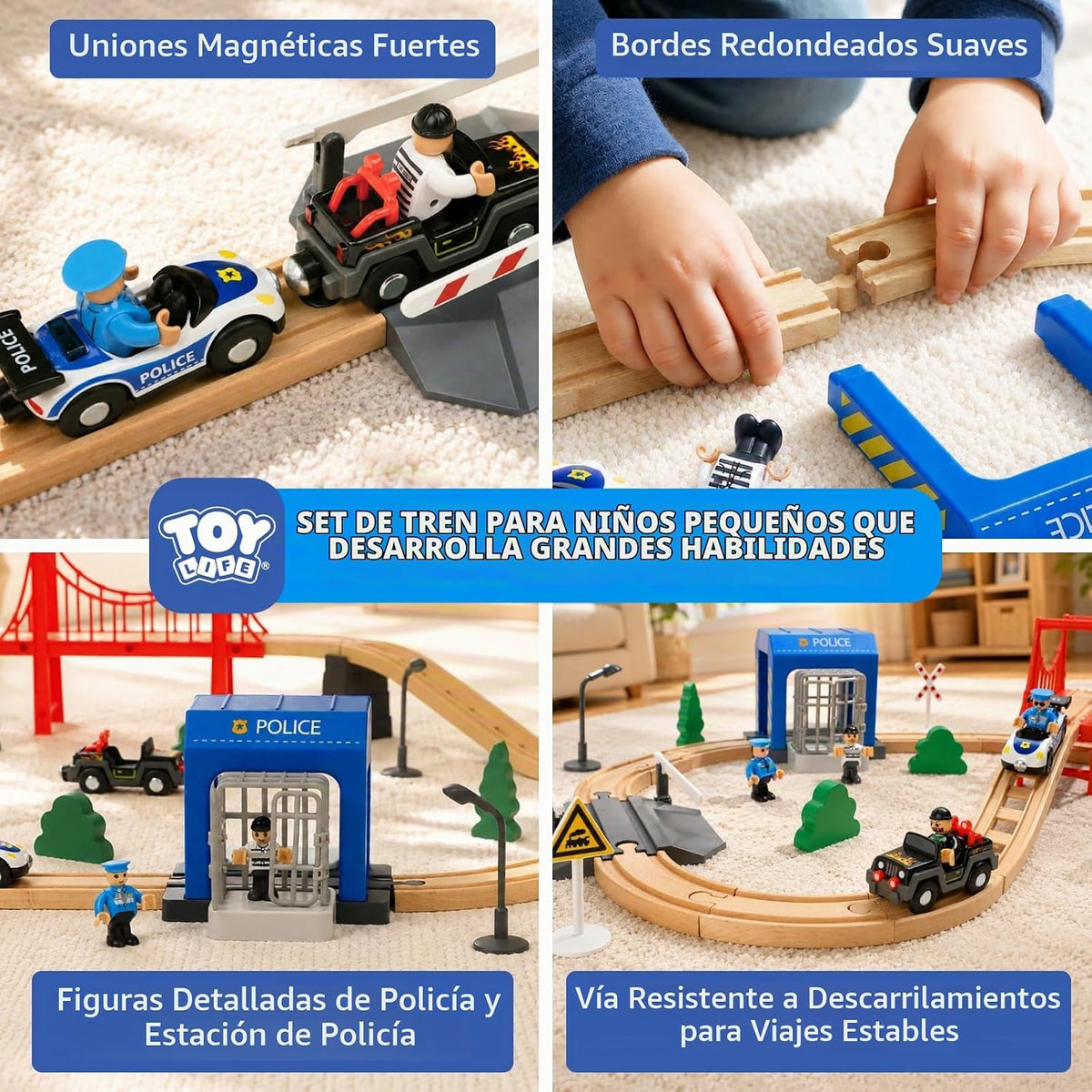 TOY Life - Juego de tren de madera, 56 piezas, juego de rieles de tren de madera, juguetes para niños de 3