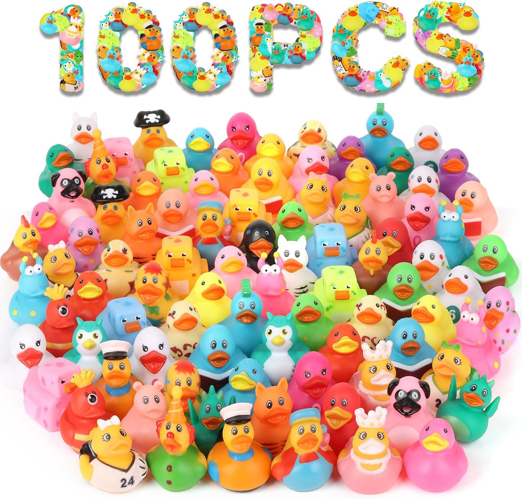 Paquete de 100 patos de goma a granel para niños, juguetes de baño y patos Jeep para patos, flotadores de pato para niños, accesorios para duchas de tiempo, regalos de fiesta de cumpleaños para bebé