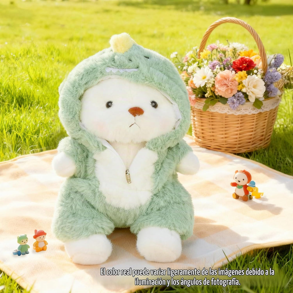 Animal de Peluche Oso Teddy, Juguetes de Peluche Oso Teddy con Capucha Removible Patas Movibles, 13'' Suave Lindo Apoyo Emocional Peluches Rellenos con Ropa de Dinosaurio Regalos para Niñas Niños