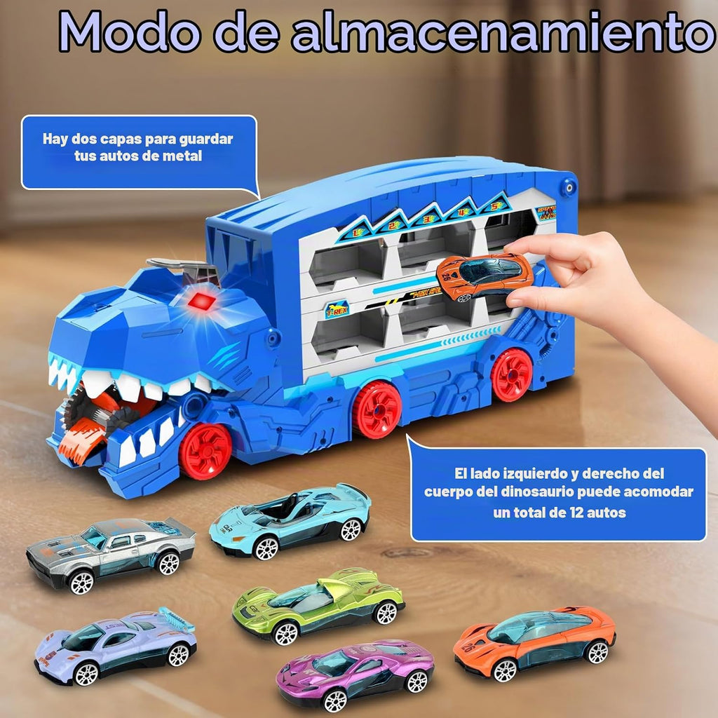 Juego de juguetes de pista de carreras de autos de transporte de dinosaurios para niños con coches de metal fundido a presión