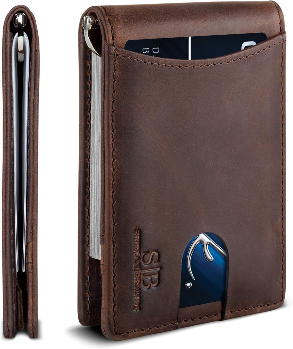 SERMAN BRANDS RFID Blocking Cartera Bifold Delgado de Cuero Genuino Minimalista para Hombre con Clip para Billetes Delgado para Regalo