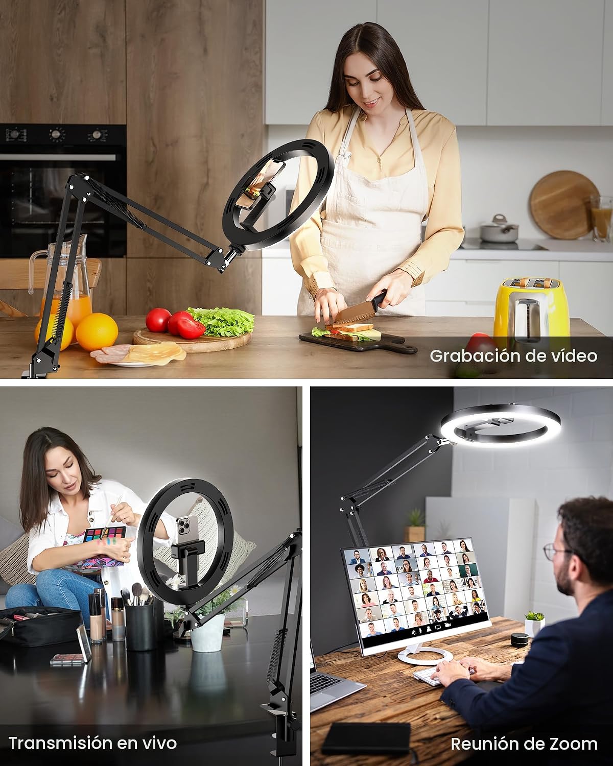 Soporte de Montaje de Teléfono con Cámara Aérea y Anillo de Luz Mejorado para Escritorio, Evershop Luz para Selfie de 10" con Trípode para iPhone, Luz con Soporte para Teléfono para Grabación de Video