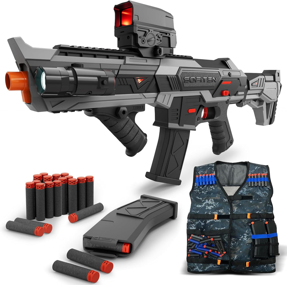 SOFITEN Pistola de juguete eléctrica de espuma con dardos de espuma, rifle de francotirador automático con chaleco táctico, alcance ajustable, dos modos de disparo, regalos de cumpleaños, Navidad, Año Nuevo, para niños, adolescentes y adultos