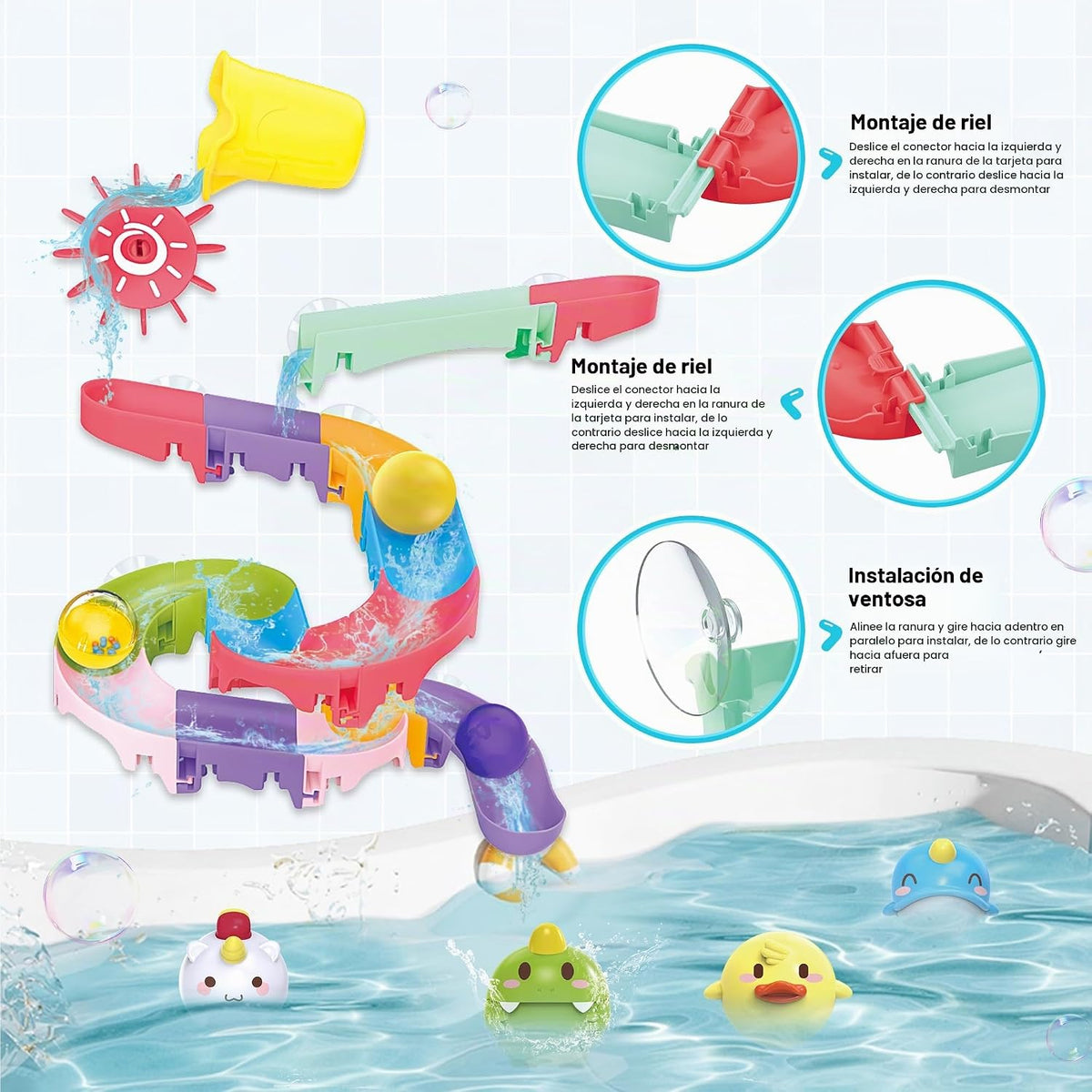 taseyok Juguetes de baño para niños pequeños, juguetes de bañera para bebés con rociadores de ducha de elefante y pista deslizante, juguetes de animales flotantes de pesca, juguetes creativos para