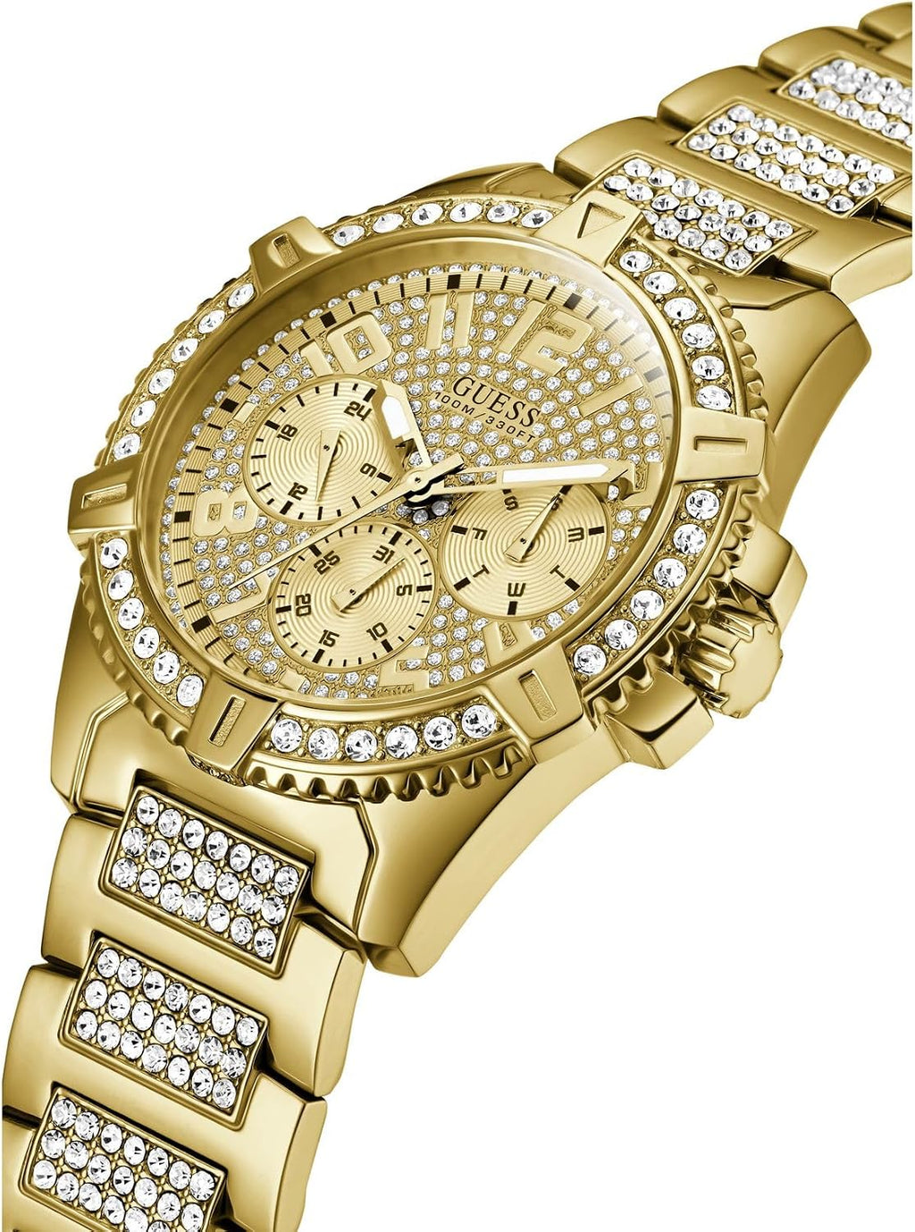 GUESS Reloj de pulsera de acero inoxidable dorado con cristal adornado con día