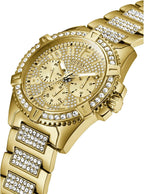 GUESS Reloj de pulsera de acero inoxidable dorado con cristal adornado con día