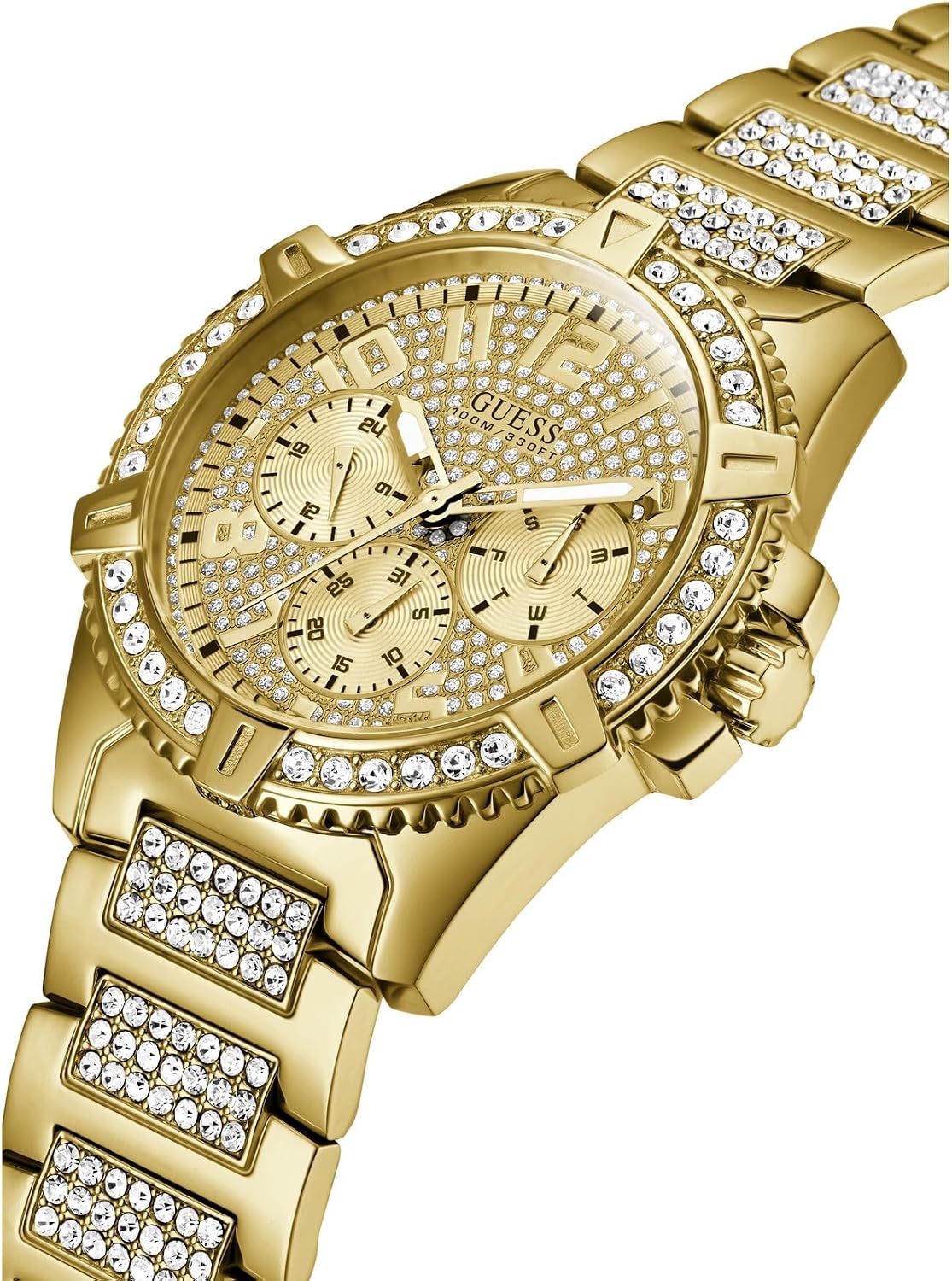 GUESS Reloj de pulsera de acero inoxidable dorado con cristal adornado con día