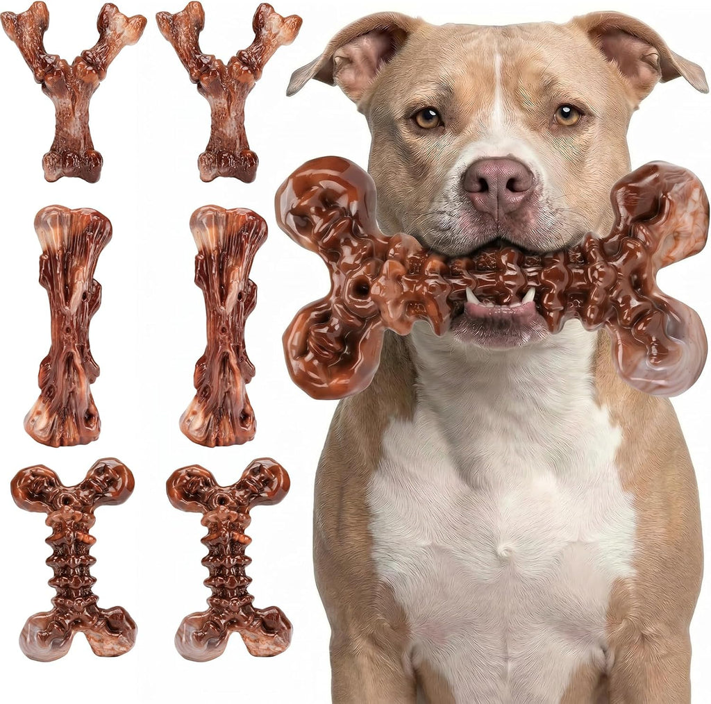 Kseroo Paquete de 6 juguetes masticables de nailon resistente para perros medianos y grandes, sabor a tocino, nailon puro para masticadores agresivos, reduce el aburrimiento, formas variadas, diseñado