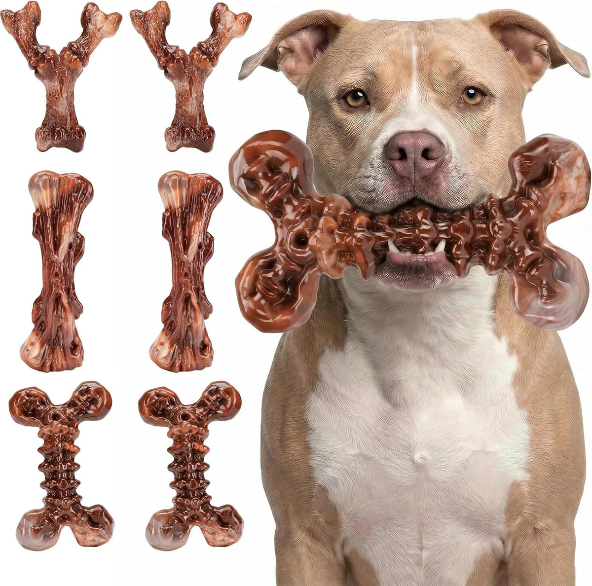 Kseroo Paquete de 6 juguetes masticables de nailon resistente para perros medianos y grandes, sabor a tocino, nailon puro para masticadores agresivos, reduce el aburrimiento, formas variadas, diseñado